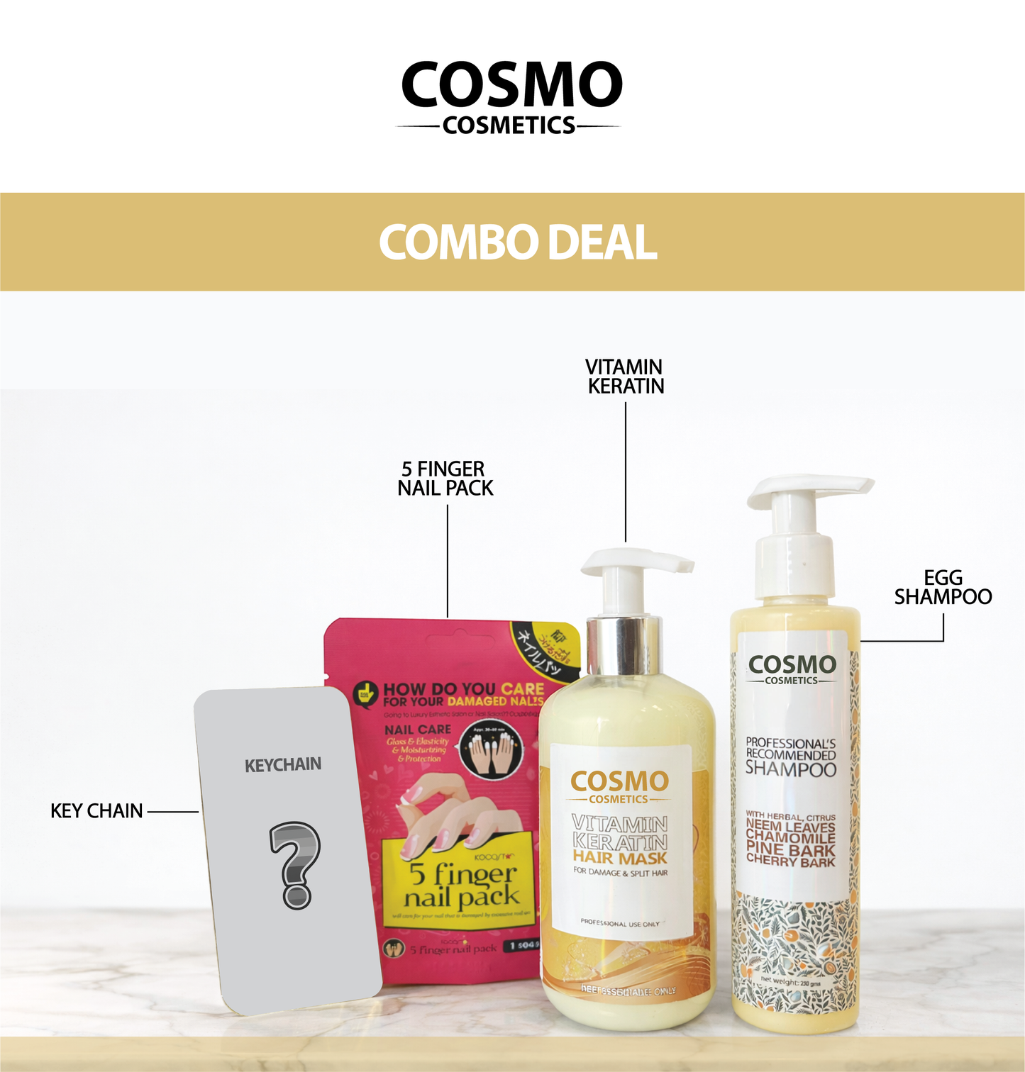 Cosmo Hair Care Combo Deal (Shampoo + Keratin Mask + Nail Pack + Free Keychain)